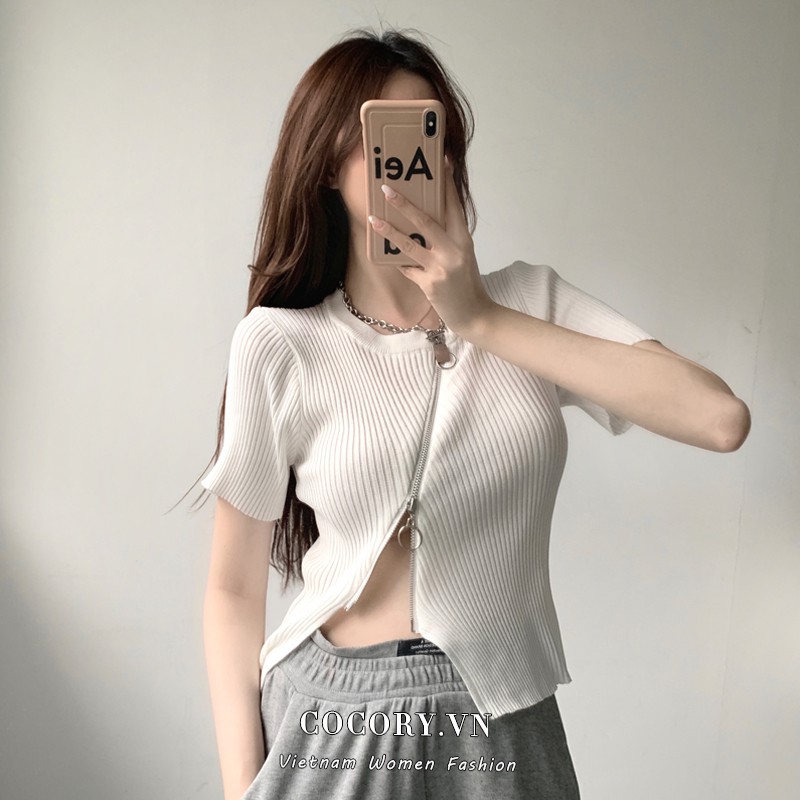 Cocory vn  Áo Cardigan Ngắn Tay Phối Khóa Kéo Xinh Xắn Dành Cho Nữ