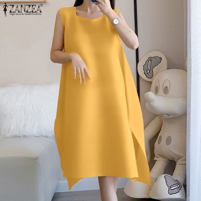 Zanzea Đầm Midi Không Tay Cổ Tròn Màu Trơn Phong Cách Hàn Quốc Thanh Lịch Dành Cho Nữ