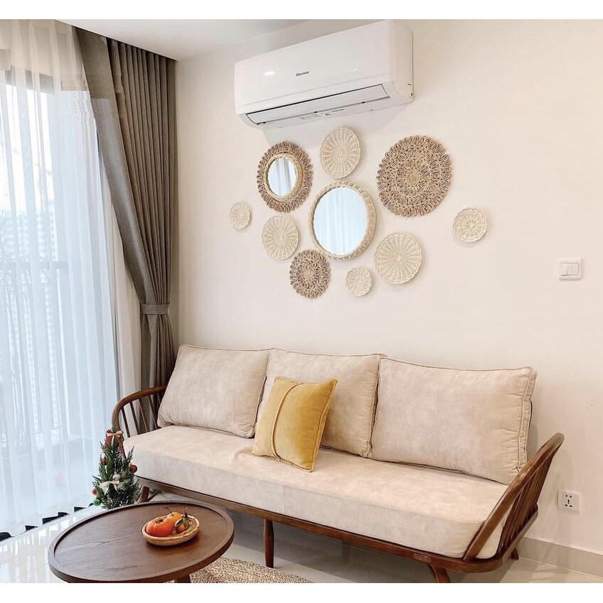 Bộ đĩa cói trang trí nhà cửa, quán cà phê, homestay kèm gương