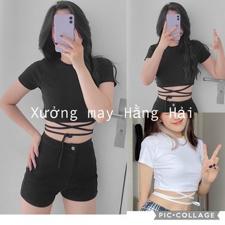 Áo croptop nữ trơn basic có dây thắt eo co giãn🌸 áo thun cộc tay ulzzang 🌸