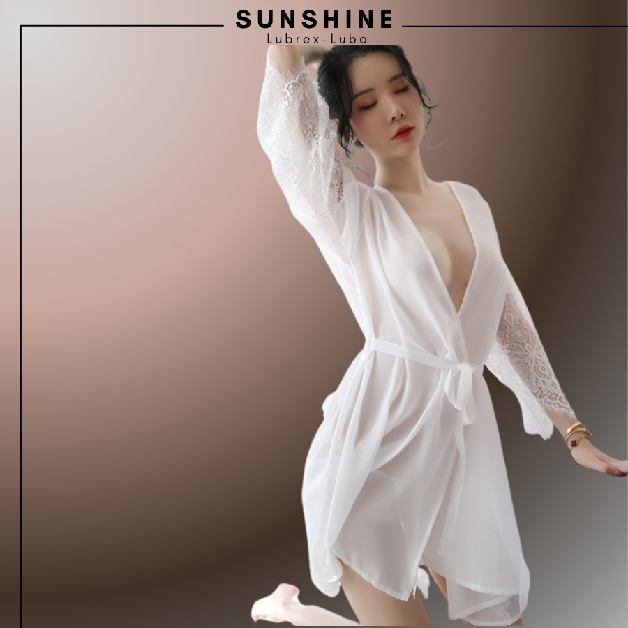 Áo choàng kimono Voan lụa phối ren cao cấp SUNSHINE LUBREX-LUBO  Màu Trắng TINH KHÔI