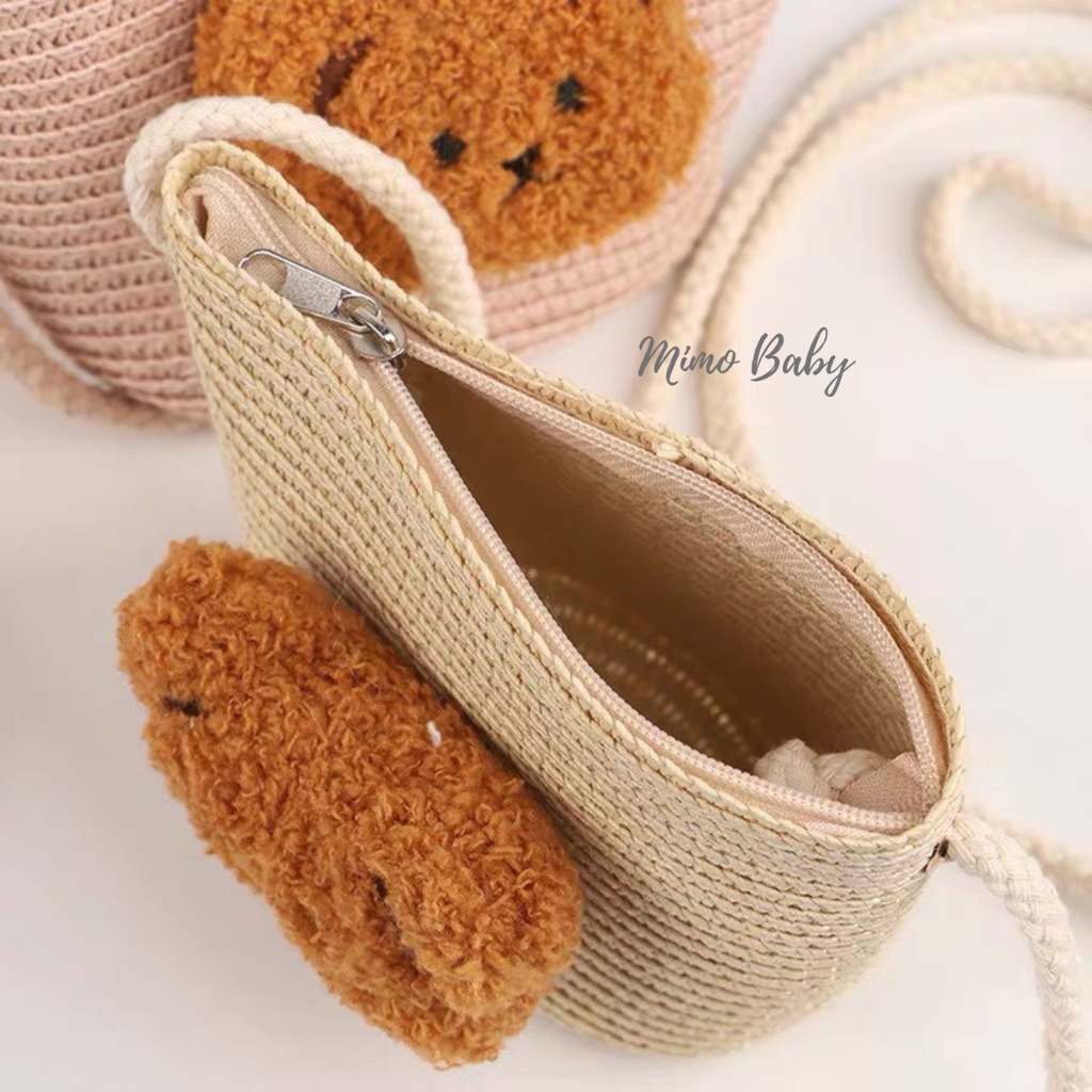 Túi cói đeo chéo đính gấu bông xù cực dễ thương cho bé TC10 Mimo Baby