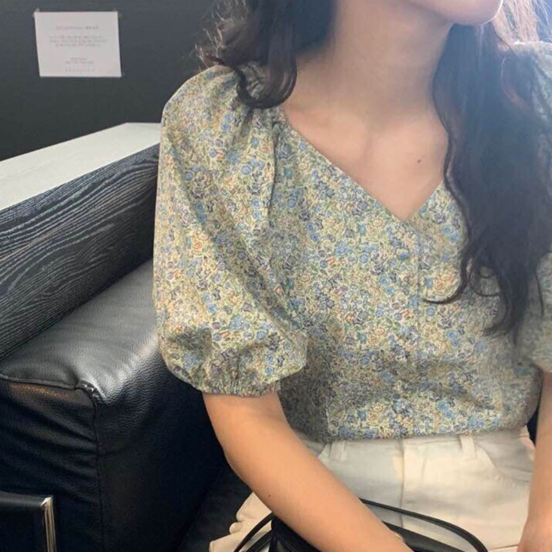 (ORDER) Áo sơ mi nữ cộc tay hoa nhí li ti xanh pastel nhẹ nhàng cổ V bọc khuy (NEW 2020)
