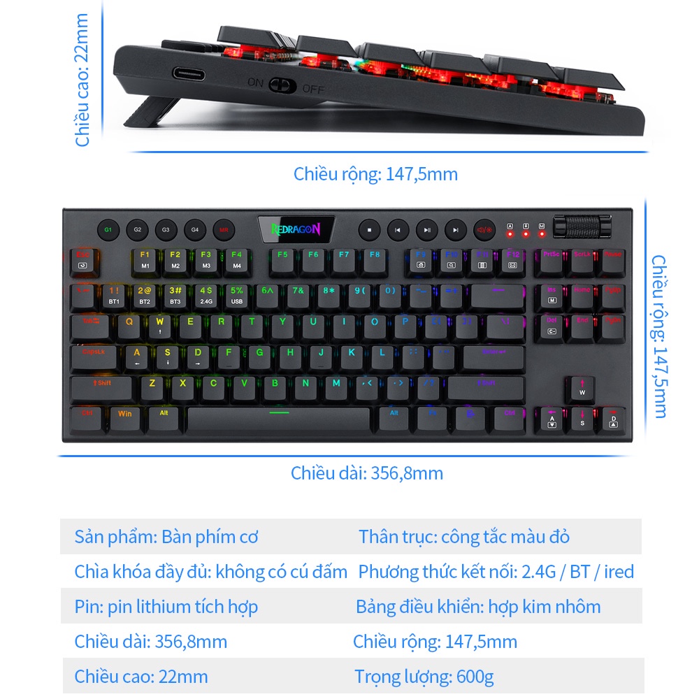 Bàn phím cơ chơi game Redragon Horus TKL K621 RGB kết nối bluetooth 5.0 2.4G 3 chế độ 97 phím
