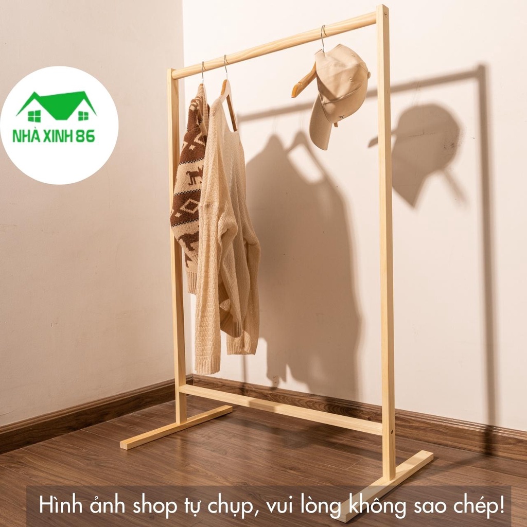 Kệ treo quần áo thanh đơn gỗ thông tự nhiên cao cấp đã xử lý l Kệ thanh đơn gỗ thông cao 1m2, treo đồ chụp mẫu