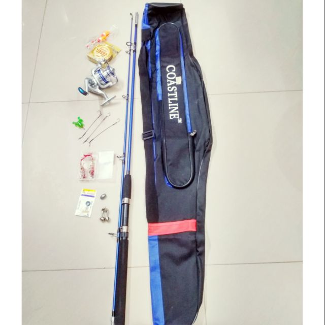 Com bo bộ cần câu Shimano 2khúc đặc 2,4m, máy yumoshi AL6000và túi đựng đồ câu kèm phụ kiện