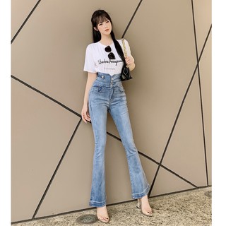 Quần jean nữ lưng cao ống loe 3 cúc jeans ⚡️ quần bò nữ cạp cao ống loe dài DV6090 vnxk