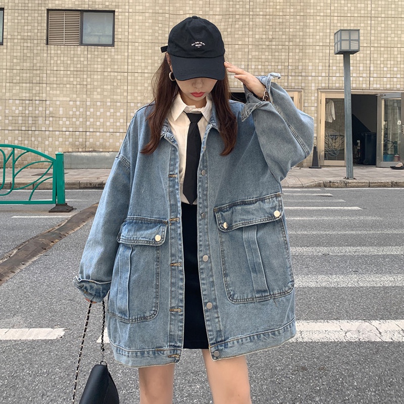 Áo khoác jean ulzzang denim nữ hottrend, áo khoát jacket nữ dài tay phối túi bự chất denim 8223