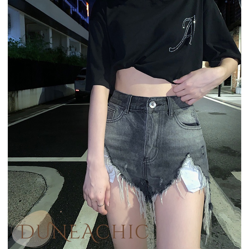 DUNEA Quần Jeans Lưng Cao Thiết Kế Xẻ Rách Cá Tính