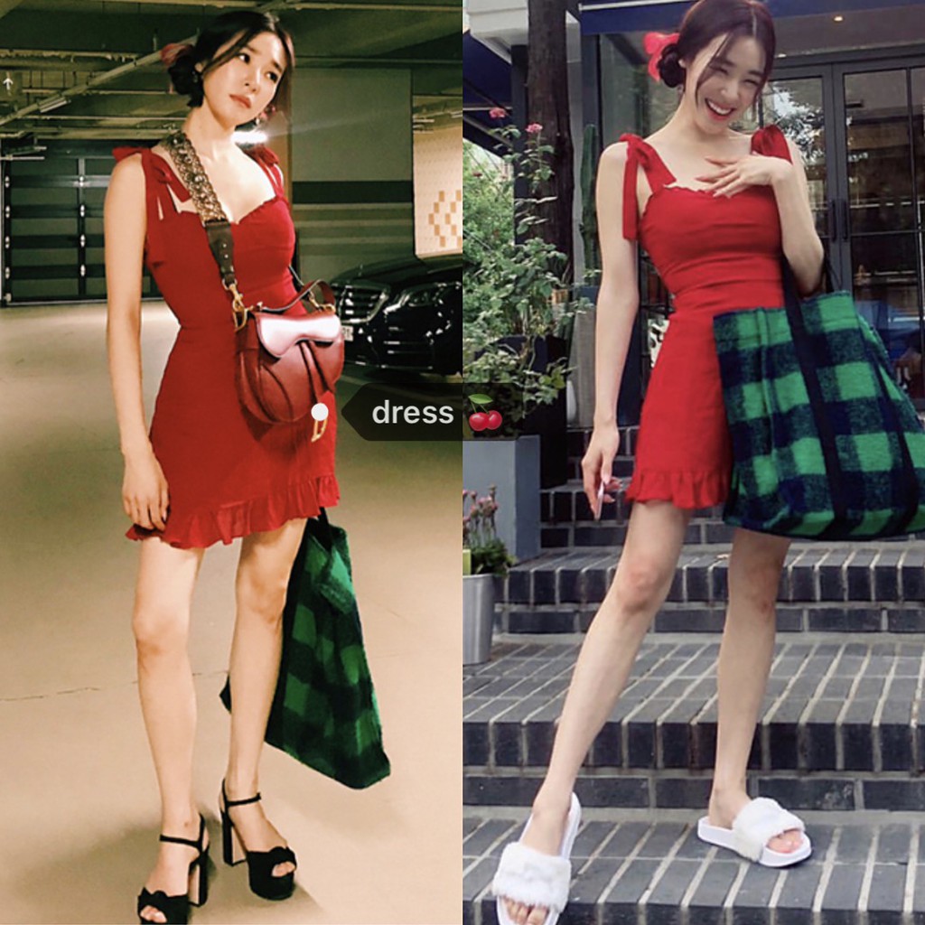 (ORDER) Váy hai dây màu đỏ retro buộc nơ vai cúp ngực xòe ngắn ôm dáng sexy Hàn Quốc (Style năm 2020)