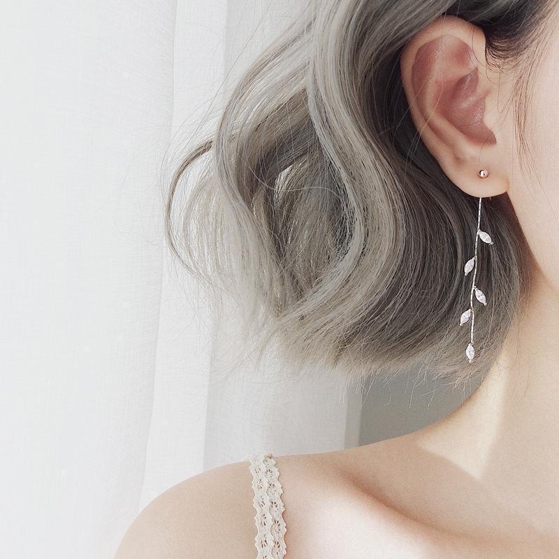 Bông tai lá đính đá treo dài khuyên nữ bạc cá tính