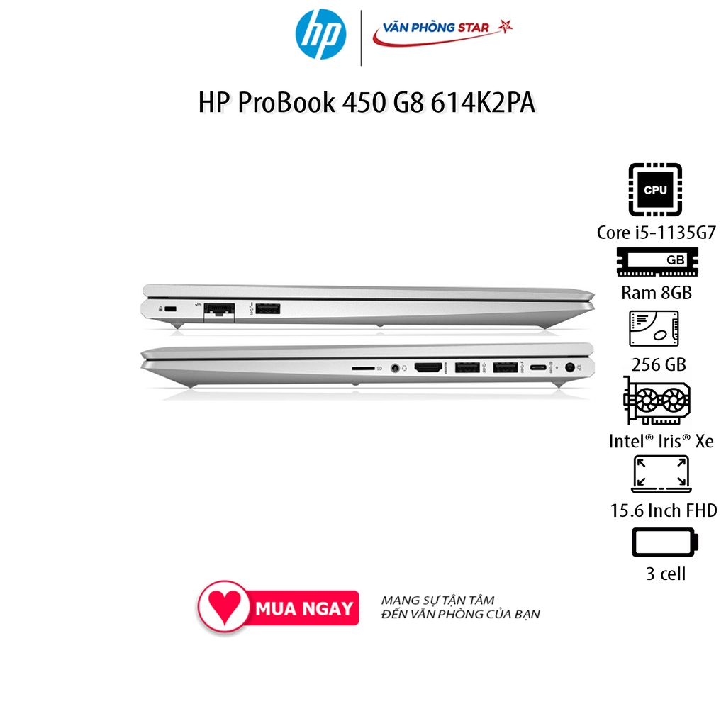 Máy tính xách tay HP ProBook 450 G8 614K2PA (i5-1135G7/ 8GB/ 256GB SSD/ 15.6FHD/VGA ON/ WIN 11/ Silver/ LEB)