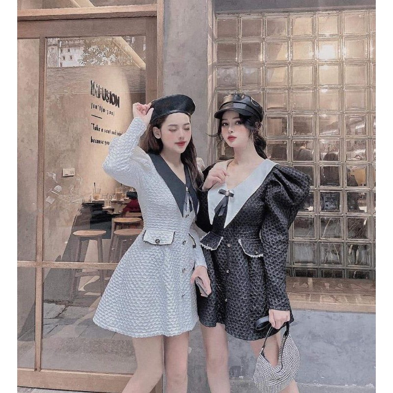 đầm gấm cổ nhọn tay phồng