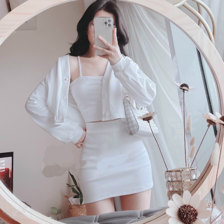 Set Áo Khoác Croptop Và Chân Váy Ôm Kèm Áo Trong Hai Dây Rose Fashion