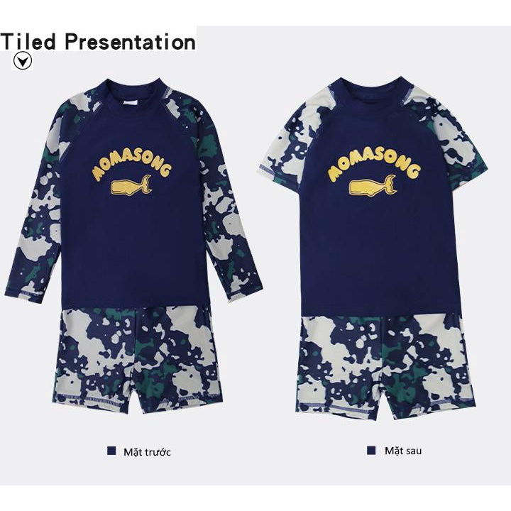 Đồ bơi bé trai tay dài MomaSong chống nắng chống UV in hình cá voi vàng 908211