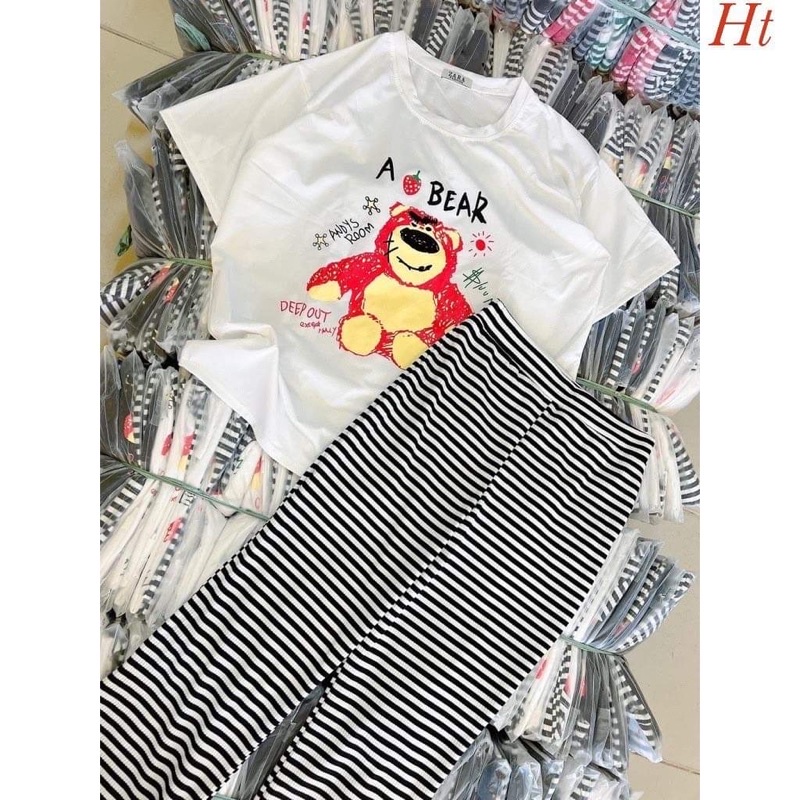 Sét áo gấu dâu hồng+quần loe kẻ HT12