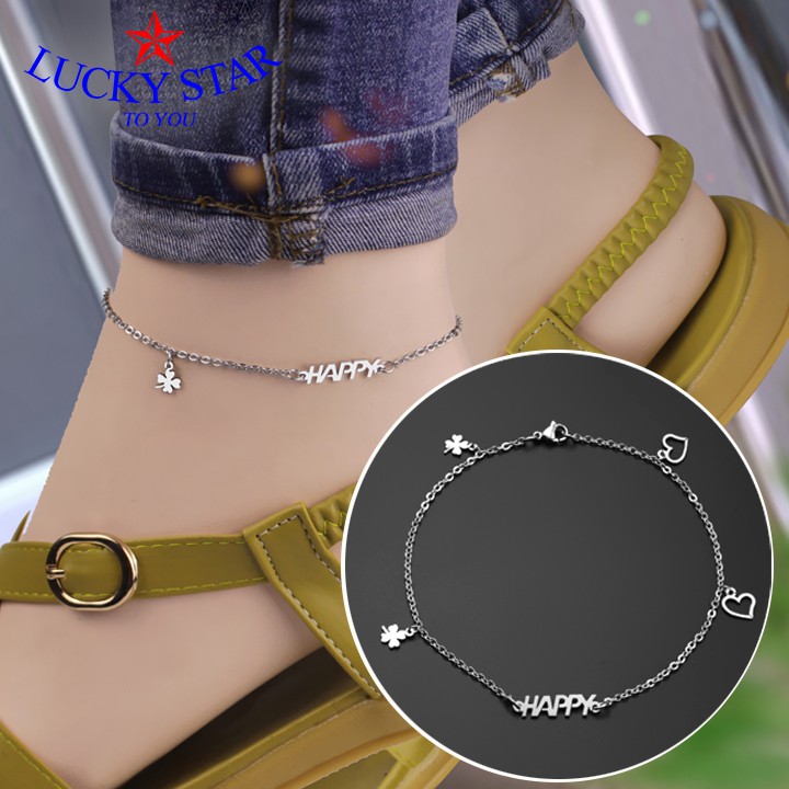 Lắc chân inox chữ happy cỏ 4 lá trái tim thanh lịch