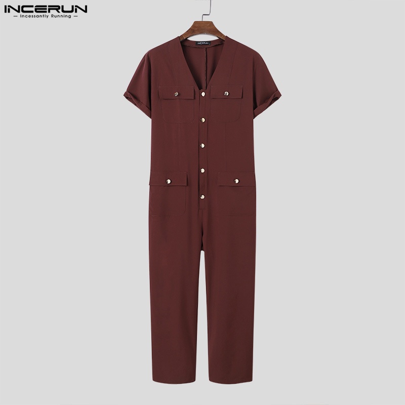 Áo liền quần INCERUN ngắn tay cổ chữ V màu trơn phối hàng nút thời trang cho nam