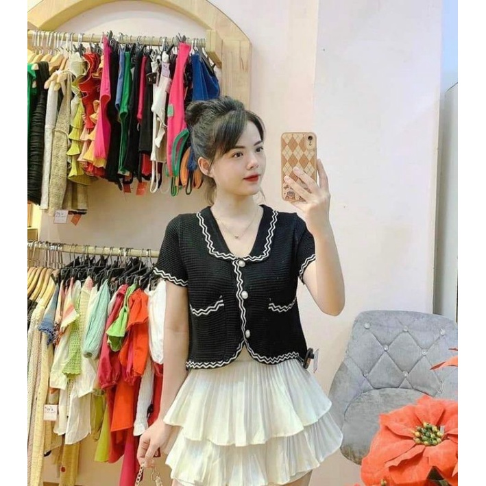 Áo CADIGAN Nữ MINAFS Dệt Kim Mỏng Croptop Cổ Tim Áo Len Không Cổ Chữ V