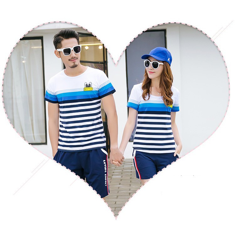 áo thun unisex Áo đôi nam nữ áo cặp đẹp đồ đôi du lịch phối sọc màu xanh YAME Couple AT01