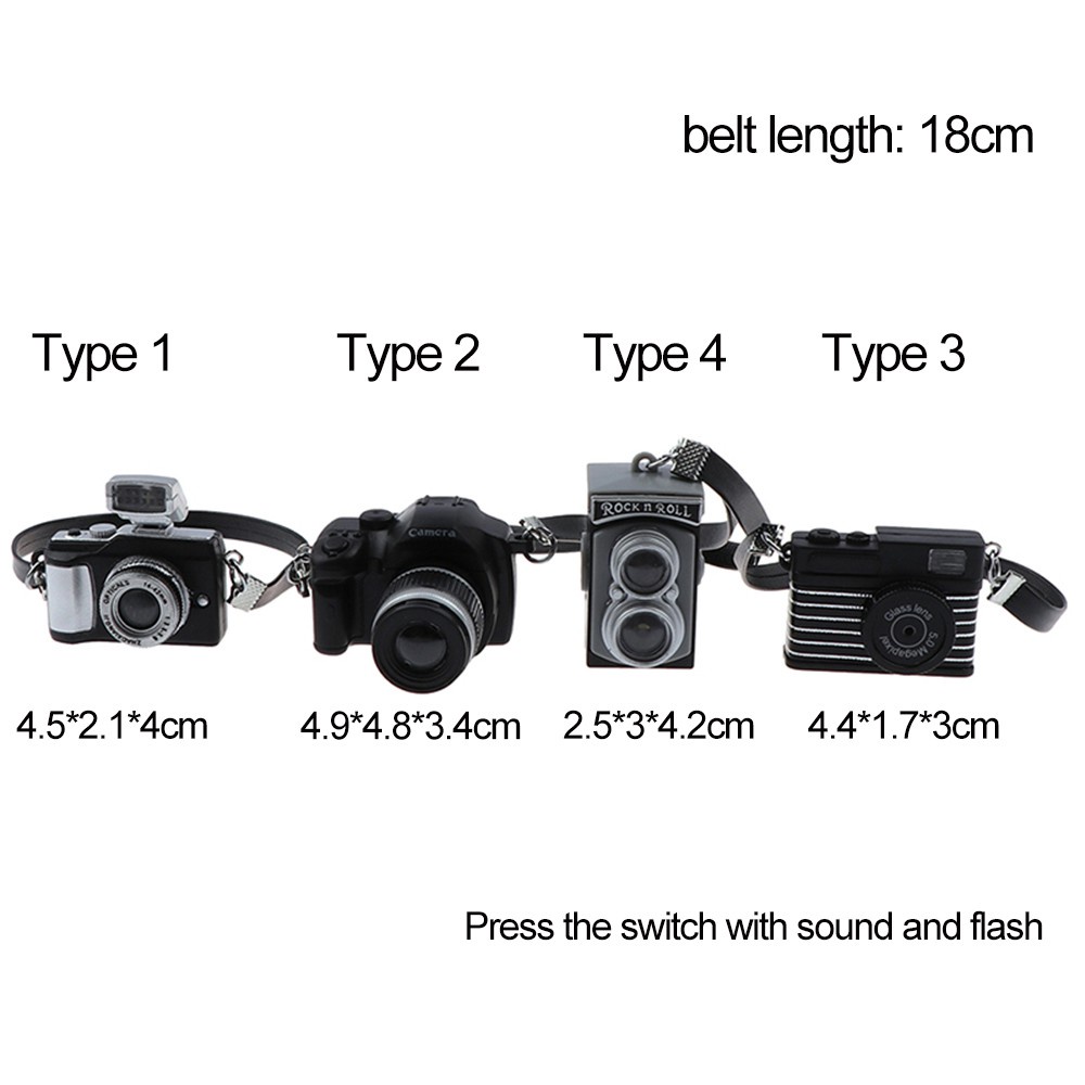 Mô hình máy ảnh thu nhỏ với âm thanh và đèn flash có dây đeo màu đen cho nhà búp bê tỷ lệ 1:12