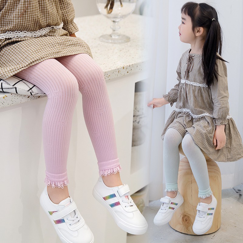 Quần Legging Họa Tiết Bướm Kẻ Sọc Dọc Phối Ren Thoáng Khí Thời Trang Mùa Hè Cho Bé Gái 1-4 Tuổi