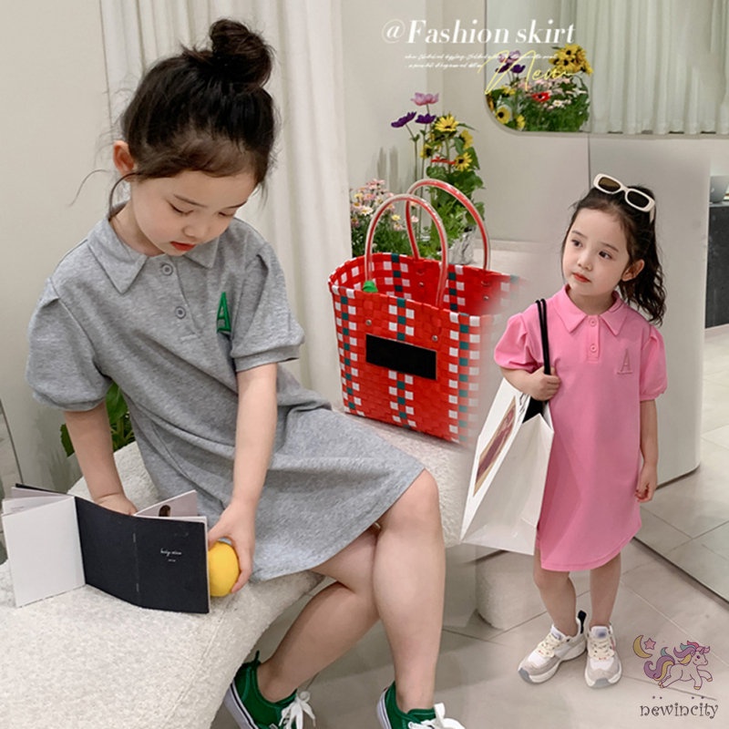 Đầm Tay Ngắn Cổ Bẻ Thêu Chữ Đáng Yêu Thời Trang Phong Cách Hàn Quốc Cho Bé Gái