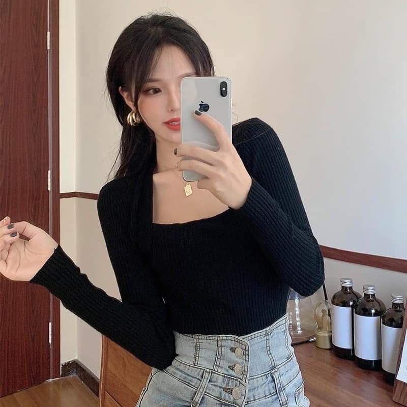 Áo len tăm Gamyy cổ vuông, áo dệt kim tay dài nữ mềm mịn | BigBuy360 - bigbuy360.vn