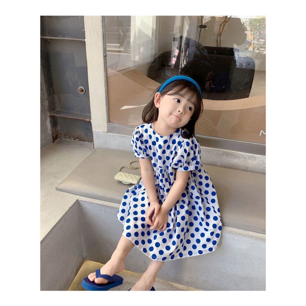 Đầm Công Chúa Mùa Hè Bằng Cotton Nguyên Chất Tay Phồng Họa Tiết Chấm Bi Phong Cách Hàn Nhật 2022 Mới Cho Bé Gái