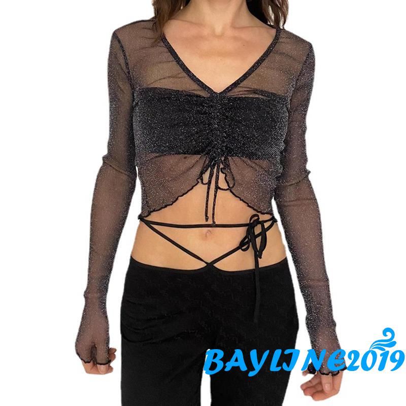 Bay- Áo Croptop Sơ Mi Crop Top Tay Dài Có Dây Rút Ngực Xuyên Thấu Sáng Bóng