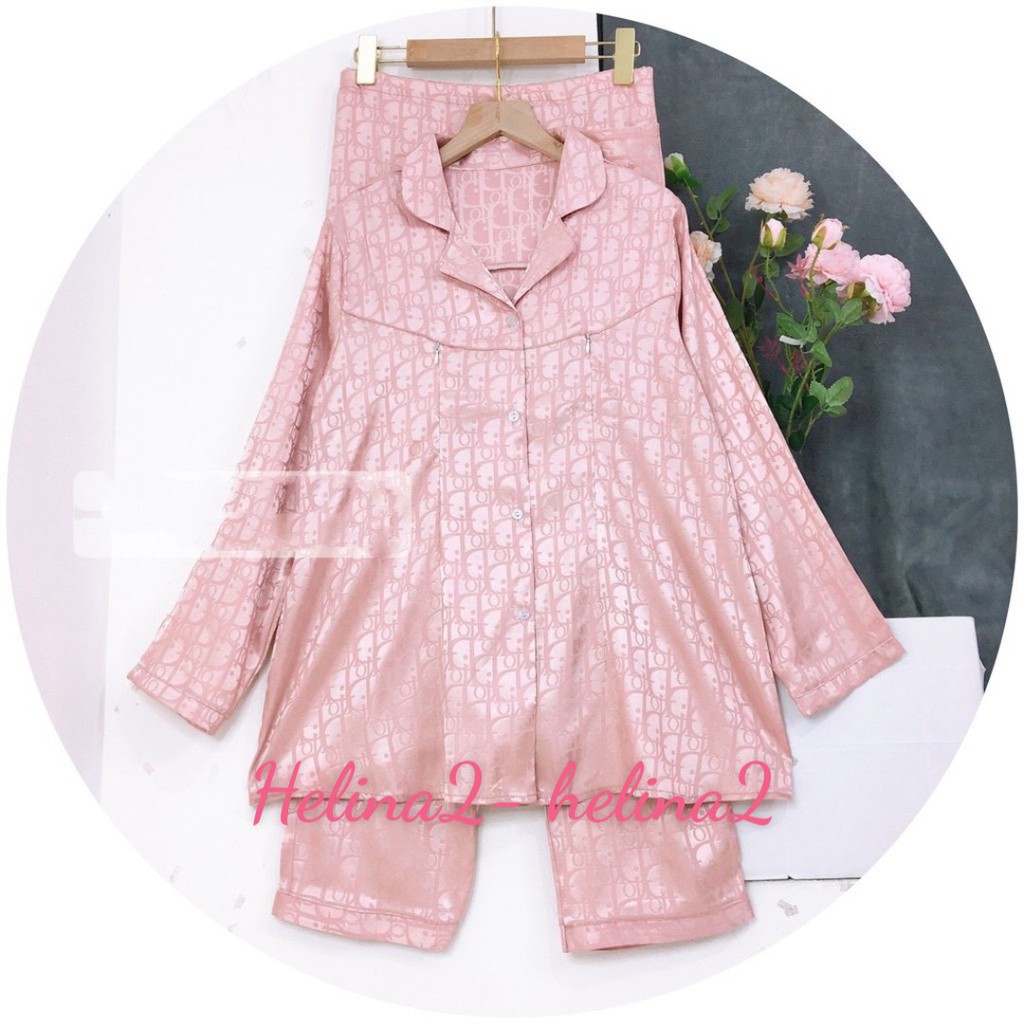 Bộ đồ bầu pijama-Bộ lụa gấm dài tay có khóa kéo cho con bú sau sinh BD933