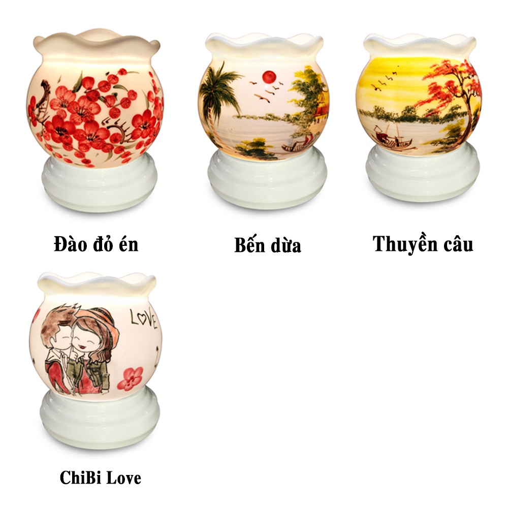 COMBO Đèn xông tinh dầu Gốm Bát Tràng size trung + Tặng 2 chai tinh dầu 10ml và 1 bóng dự phòng