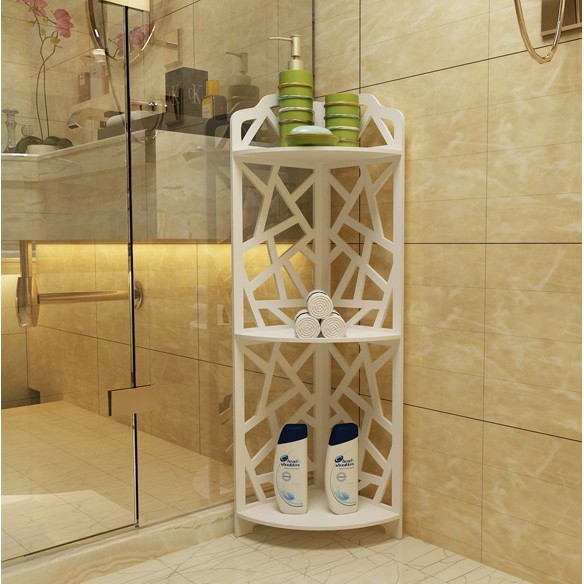 Kệ góc để đồ nhà tắm bằng gỗ nhựa chịu nước đựng đồ đa năng 3 tầng, kệ để dầu gội mỹ phẩm