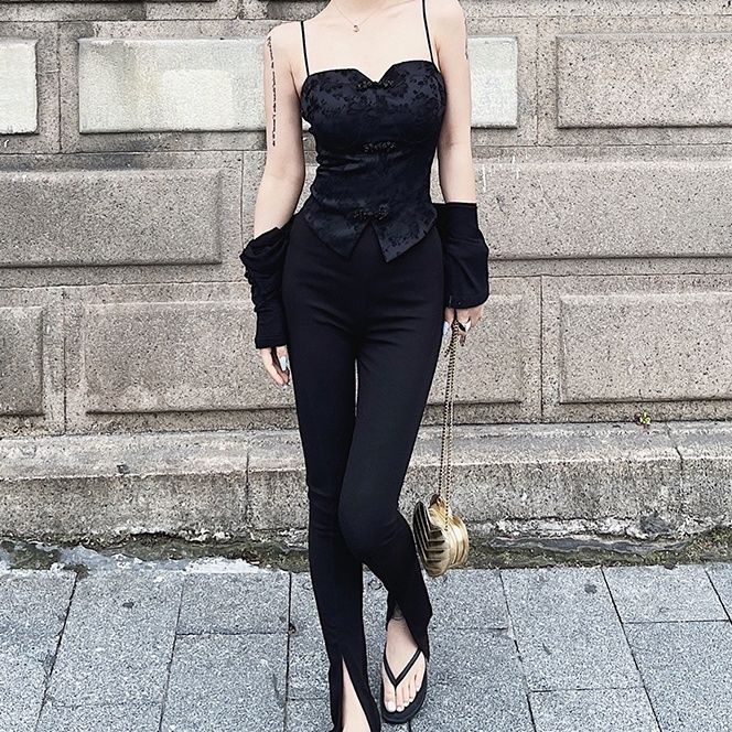 Jiashucheng Hàng Có Sẵn Áo Ống Thêu Chữ Thư Pháp Xu Yuanyuan Mùa Hè Hai Dây Có Khóa Cài Thiết Kế Cá Tính Kiểu Retro Niche