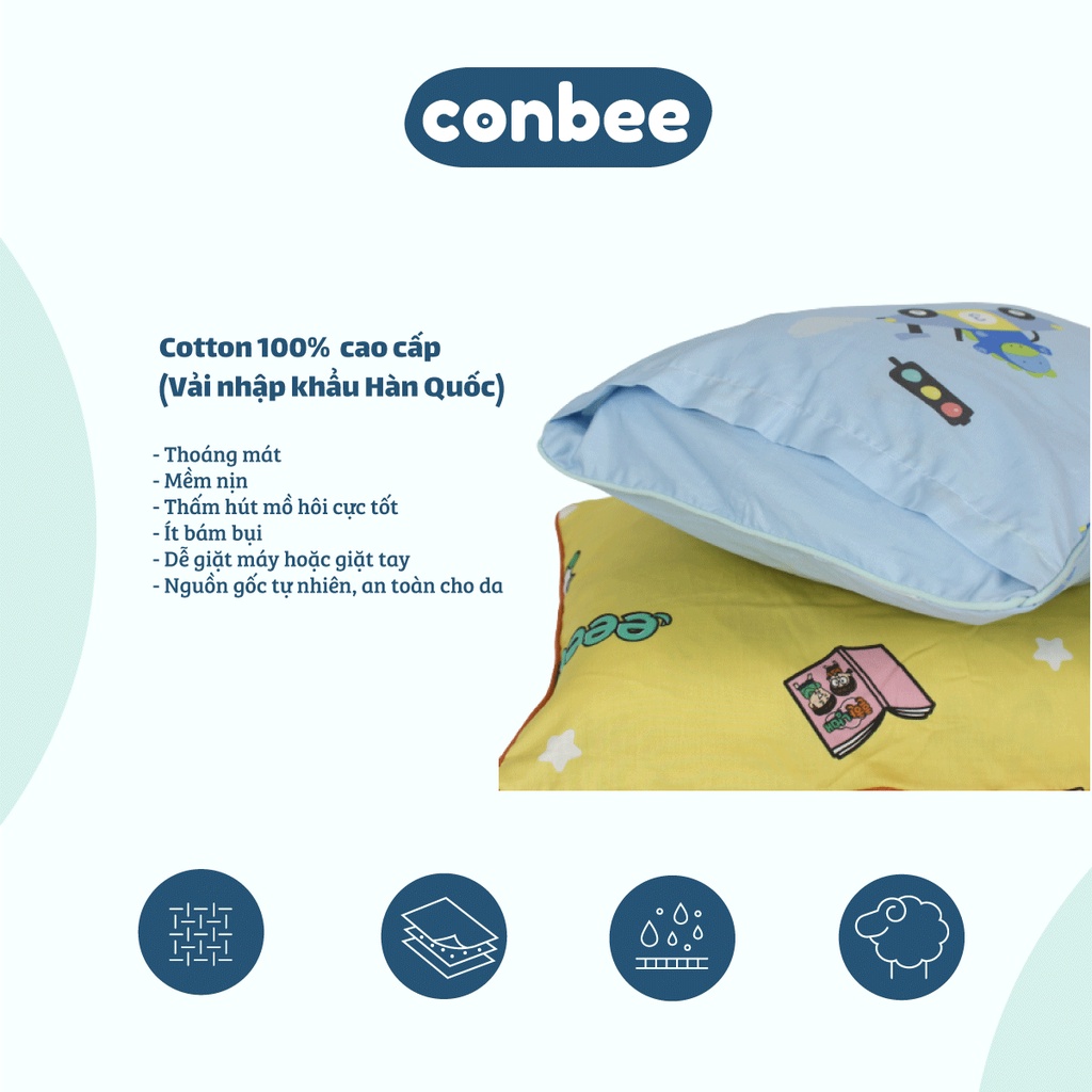 Vỏ gối cho bé 35x50cm Cotton Hàn Quốc Conbee, vỏ gối trẻ em Cotton 100% cho bé trai bé gái, áo gối trẻ em