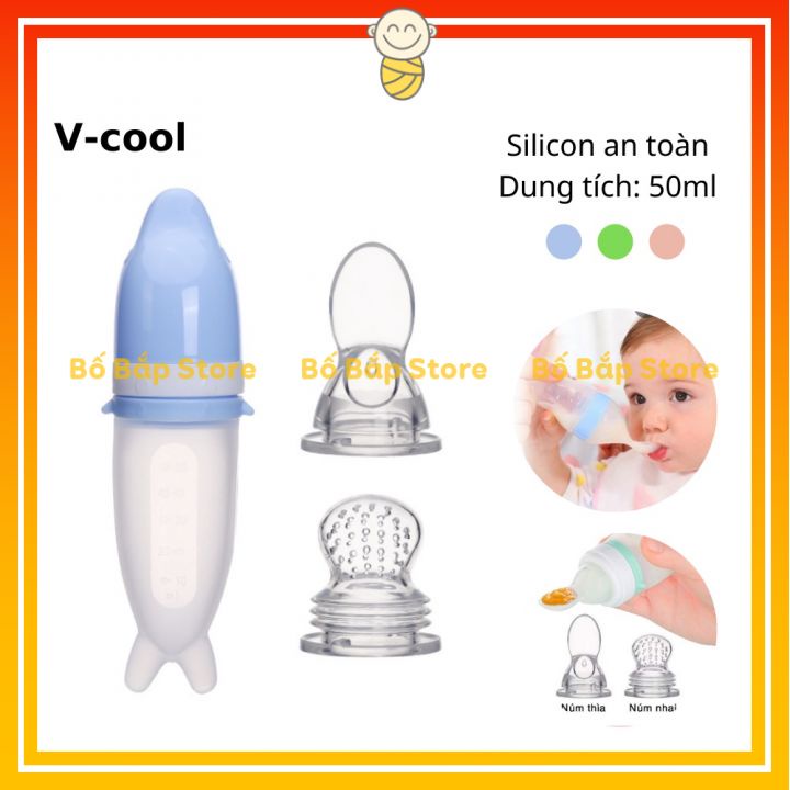 Bình Thìa Silicon VCOOL  ⚡Tặng Kèm Núm Nhai Hoa Quả⚡ Tập Ăn Dặm Chống Hóc Siêu Mềm