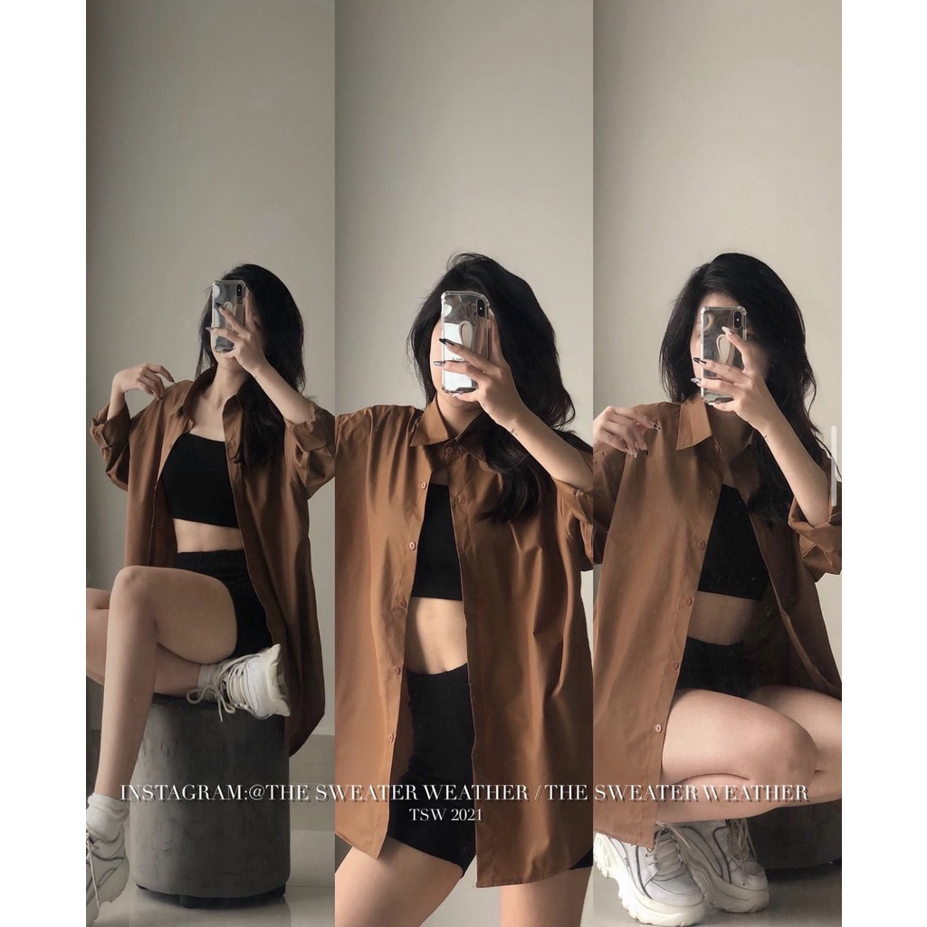 Áo sơ mi thô mềm 8 màu trơn oversize