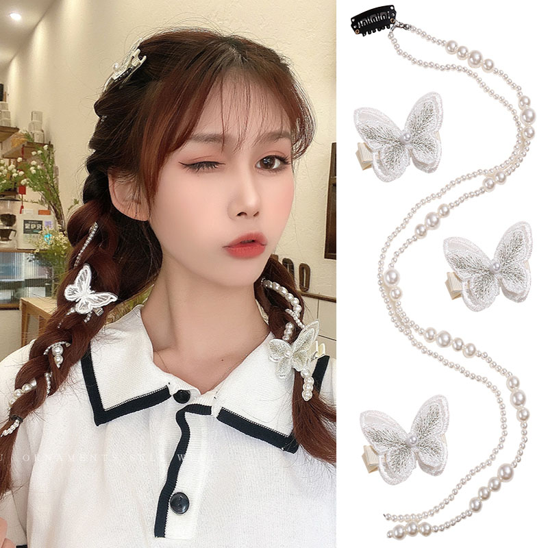Kẹp Tóc Hình Bươm Bướm Và Dây Tết Tóc đính Ngọc Trai Dùng Làm Quà Tặng Dành Cho Nữ