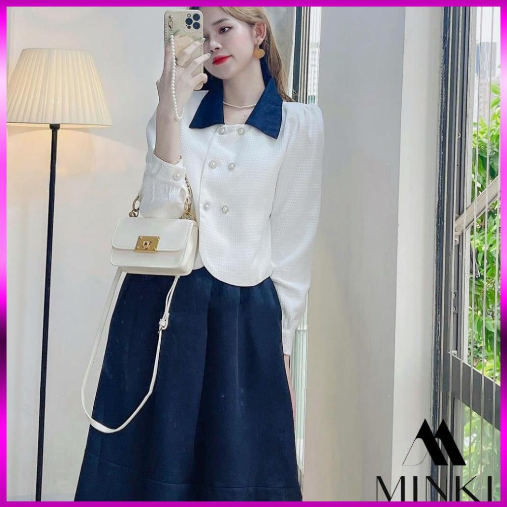 [HÀNG THIẾT KẾ] SET SƠ MI CÚC CHÂN VÁY XANH THAN CỔ ĐIỂN - CHẤT LIỆU CAO CẤP - PHỐI MÀU TRẮNG VÀ XANH ĐEN | BigBuy360 - bigbuy360.vn