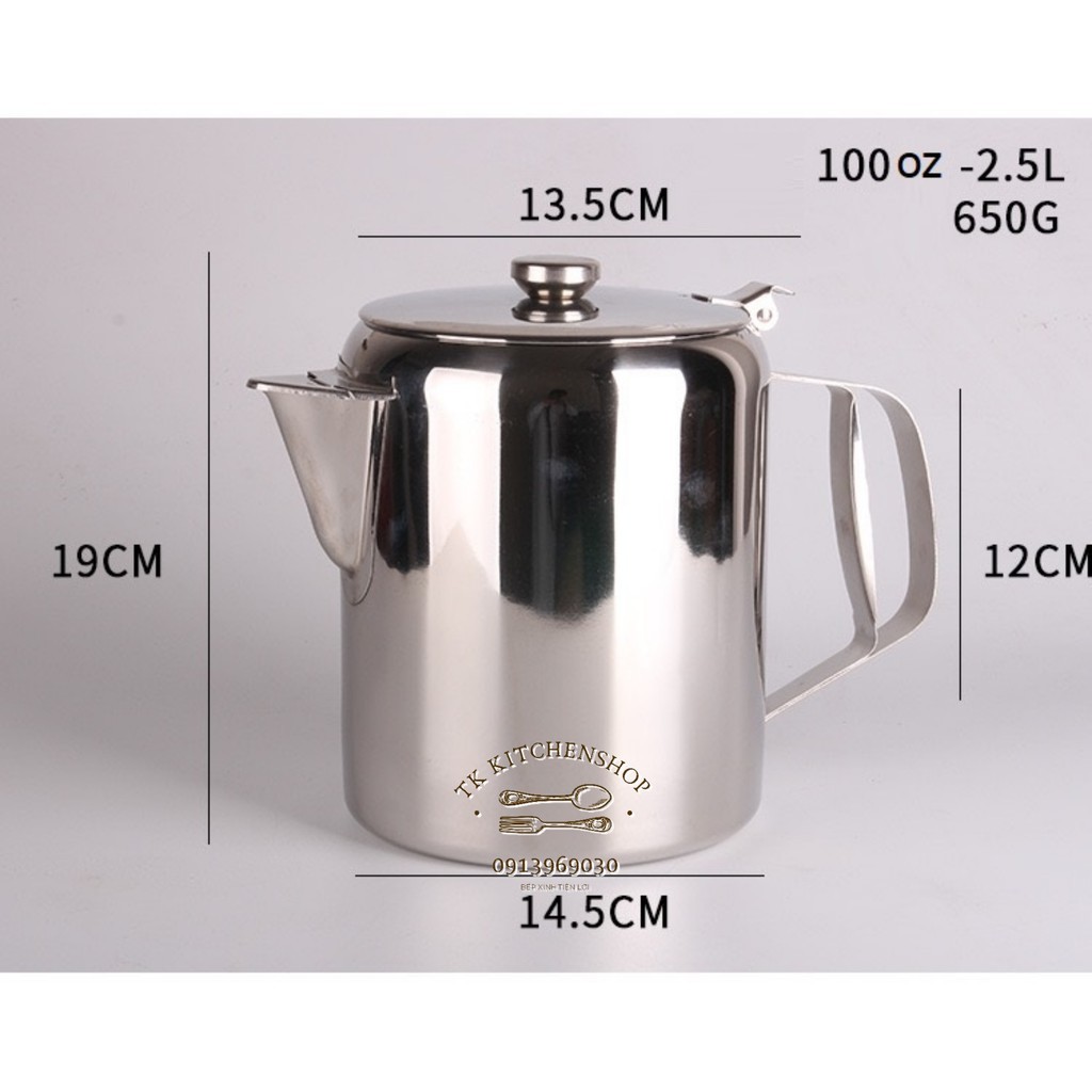 Ca đựng nước có nắp đậy inox sáng bóng/ Ấm rót nước inox hàng không/ Ấm rót trà cafe inox 304 dày đẹp