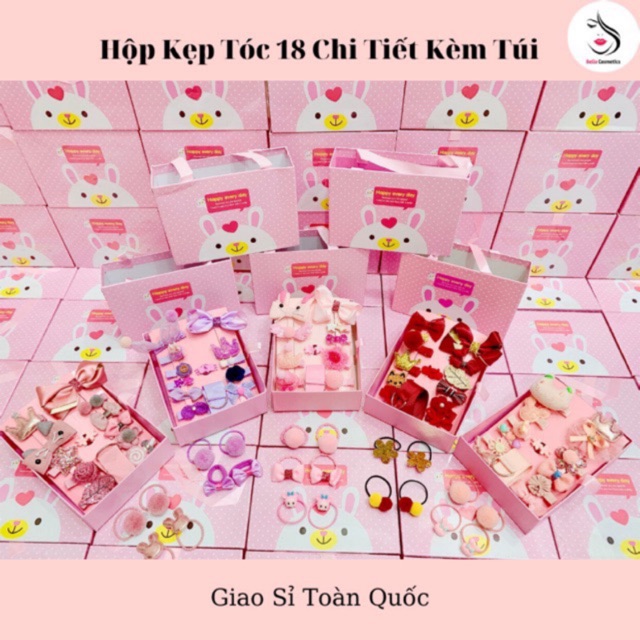 Sét nơ kẹp tóc cho bé 18 món có túi đựng