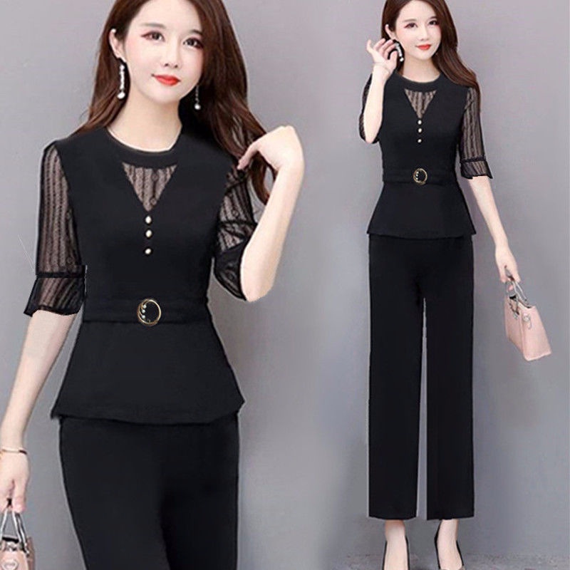 Bộ quần áo hai mảnh vải lụa mỏng tay ngắn dáng rộng phong cách Hàn Quốc thời trang xuân hè cho nữ 2022