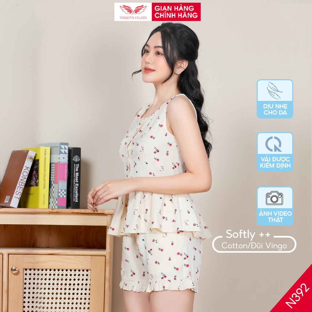 Đồ bộ nữ mặc nhà áo sát nách quần đùi siêu mát mùa Hè VINGO Tơ đũi mềm mại thấm hút mồ hôi họa tiết trẻ trung N392 VNGO