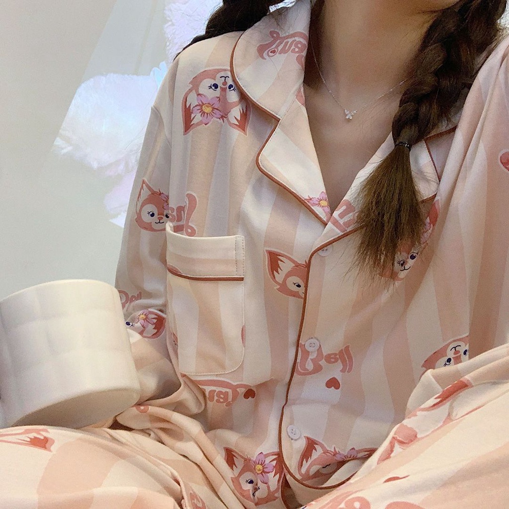 Bộ Đồ Ngủ Tay Dài In Hoạt Hình Lingna Belle Dễ Thương Thời Trang Thu Đông Cho Nữ