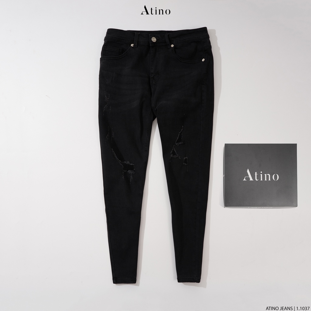 Quần Jean Nam Đen Rách ATINO Chất Liệu Jean Pha Spandex Form Slim-Fit QJ1.1037