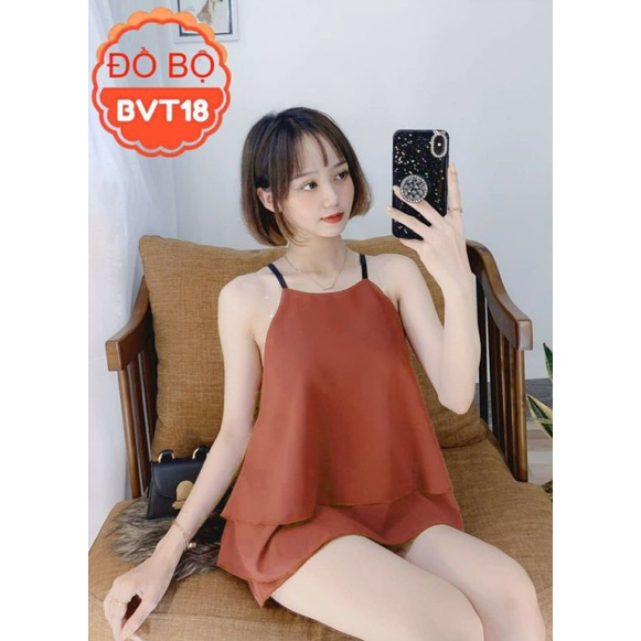Đồ Bộ Nữ Kiểu Cổ Yếm Quần Đùi Vải Voan Mát  Mặc Nhà