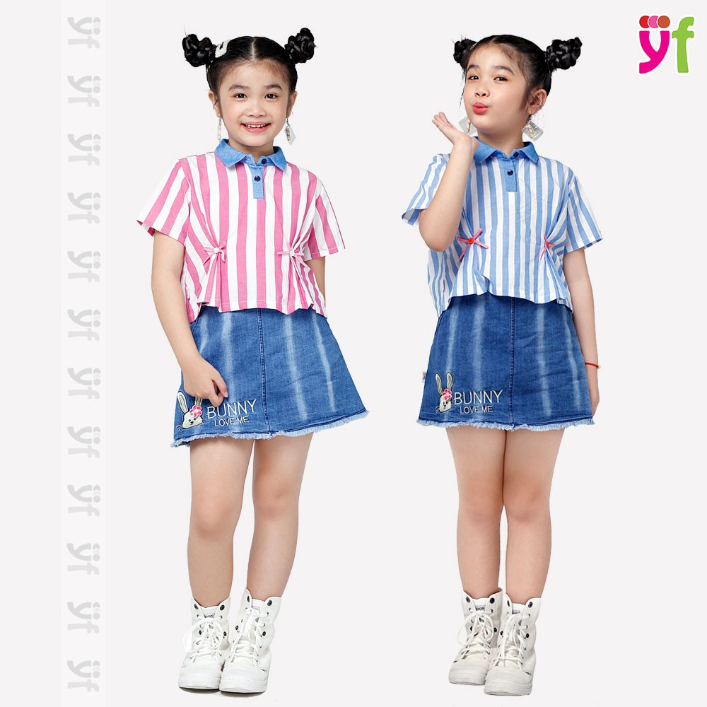 Áo kiểu bé gái YF thiết kế croptop phối cổ, 2 màu sọc xanh, hồng 9AX508