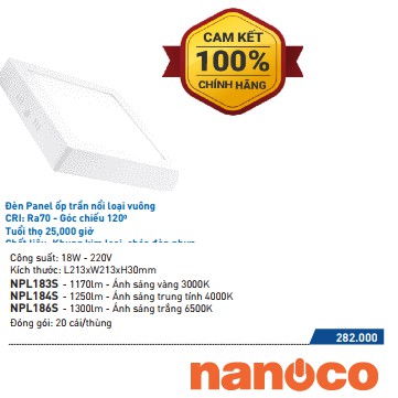 Đèn LED Panel Ốp Trần Nổi  Cảm Biến Loại Vuông Nanoco - NPL126SS (12W), NPL186SS (18W), NPL246SS (24w)- Góc Chiếu 120°