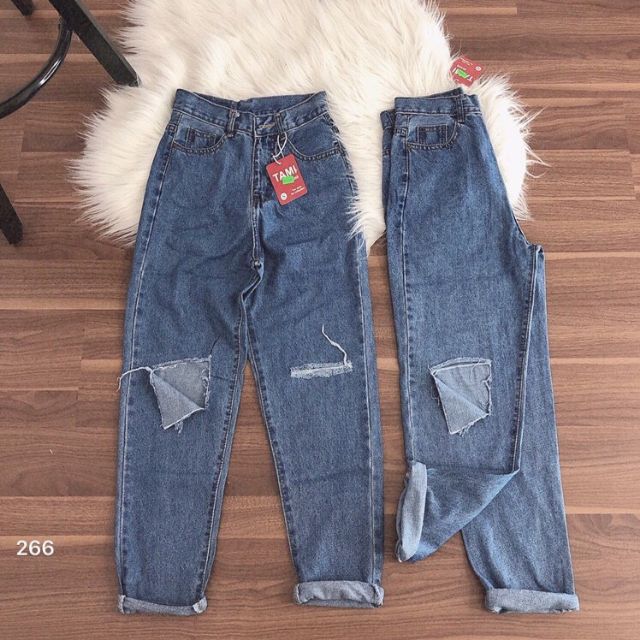 Quần baggy jeans đậm rách xẻ đùi gấp ulzzang