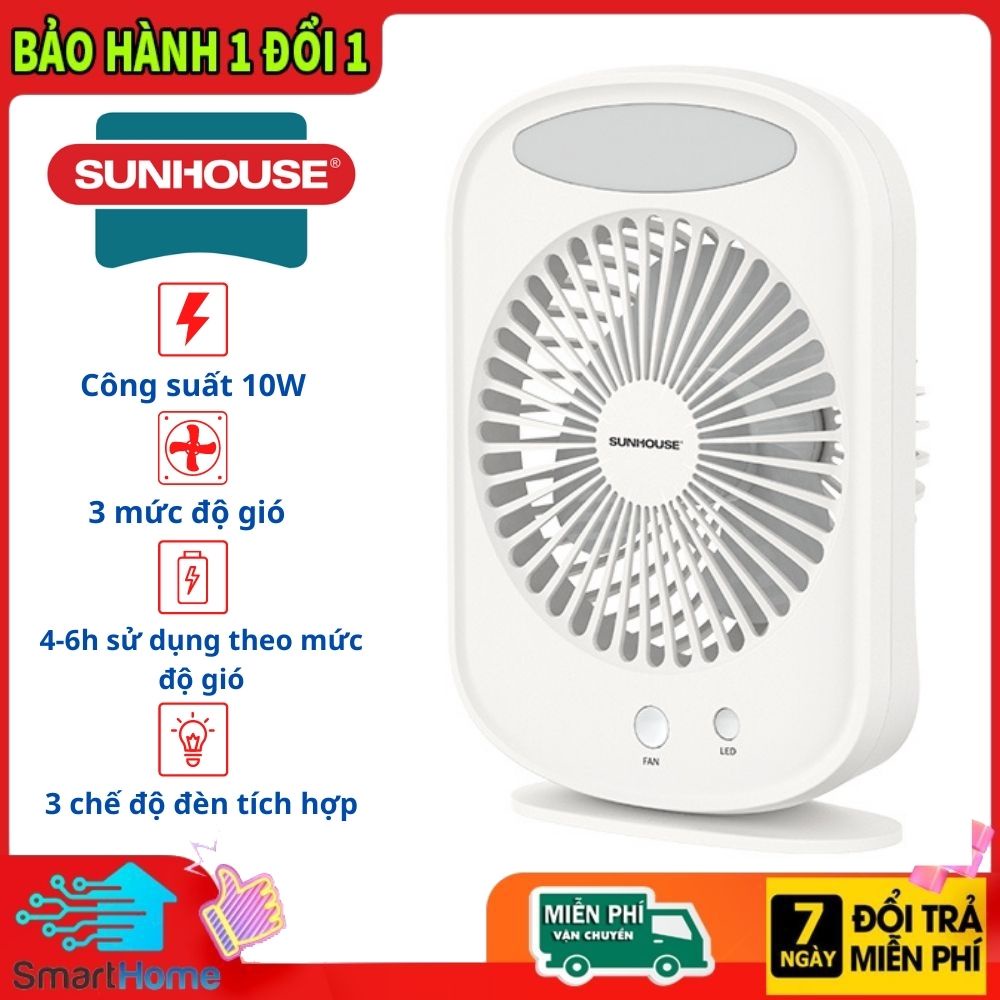 Quạt sạc mini SUNHOUSE SHD7110 công suất 10W 3 tốc độ gió tùy chỉnh kết hợp 3 chế độ đèn ngủ - Bảo Hành 12 Tháng